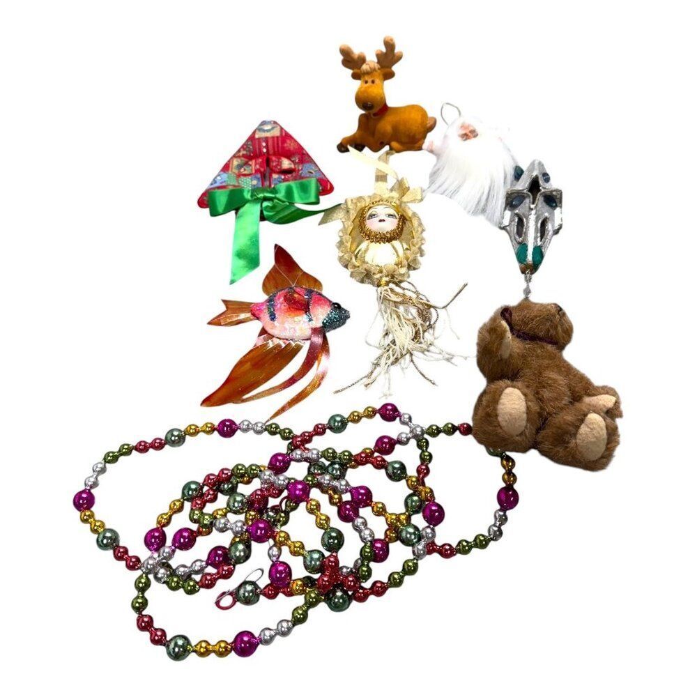 Vintage Lot Christmas Ornament Set Reindeer Beaded Garland Santa Masquerade
